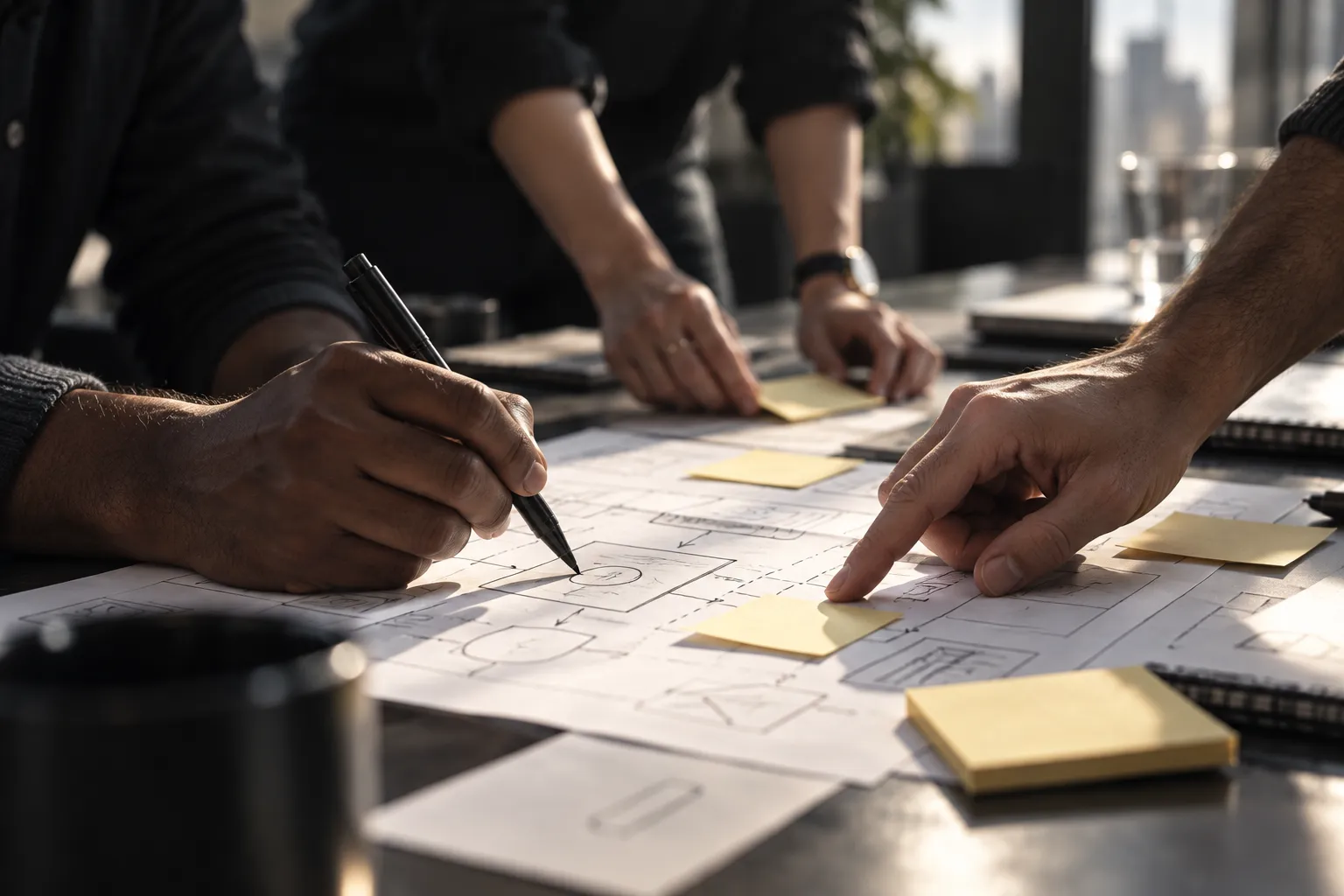Illustrative workshop scene: colleagues sketching ideas together.