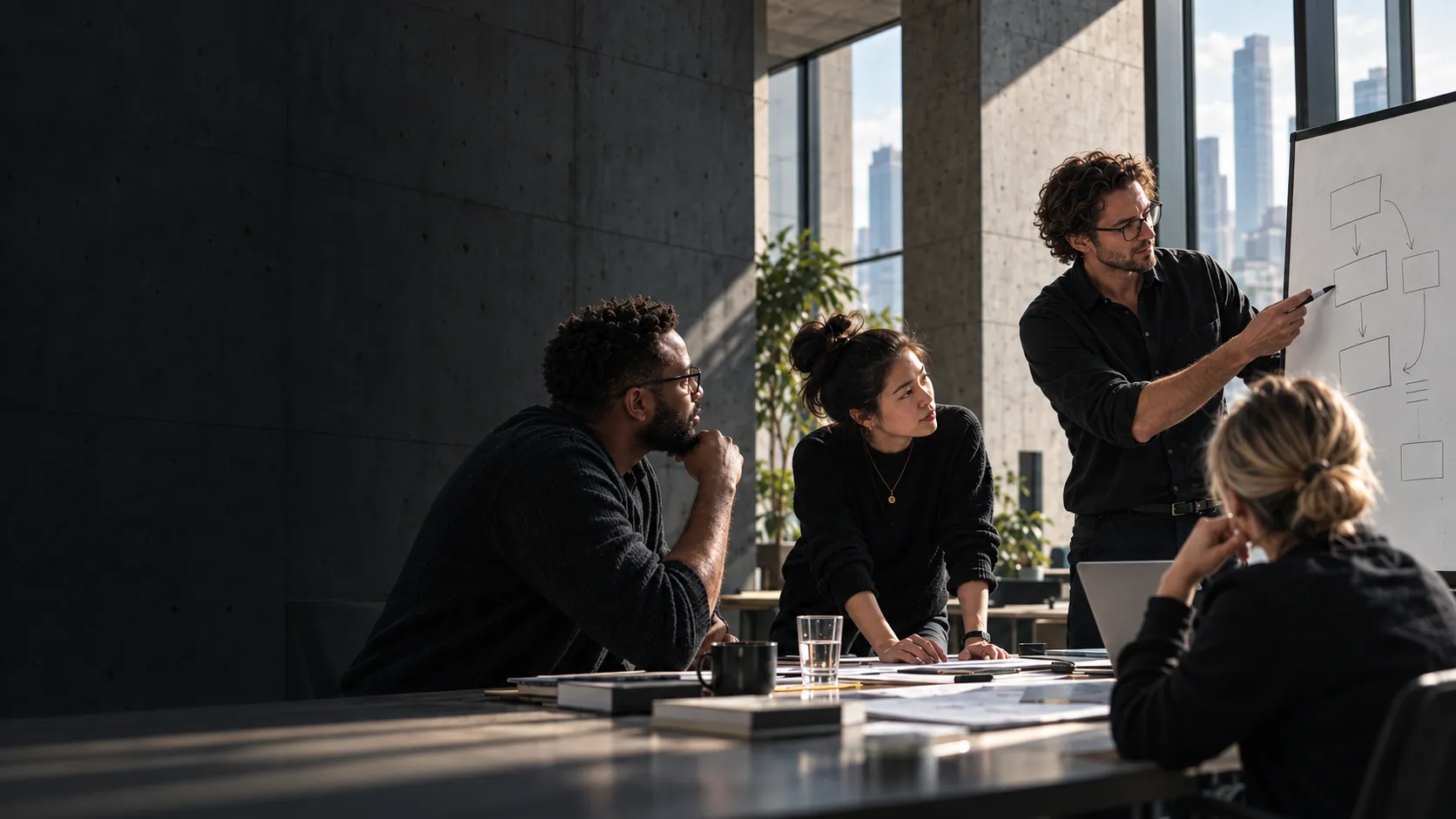 Illustrative scene of a team exploring ideas in a working session.